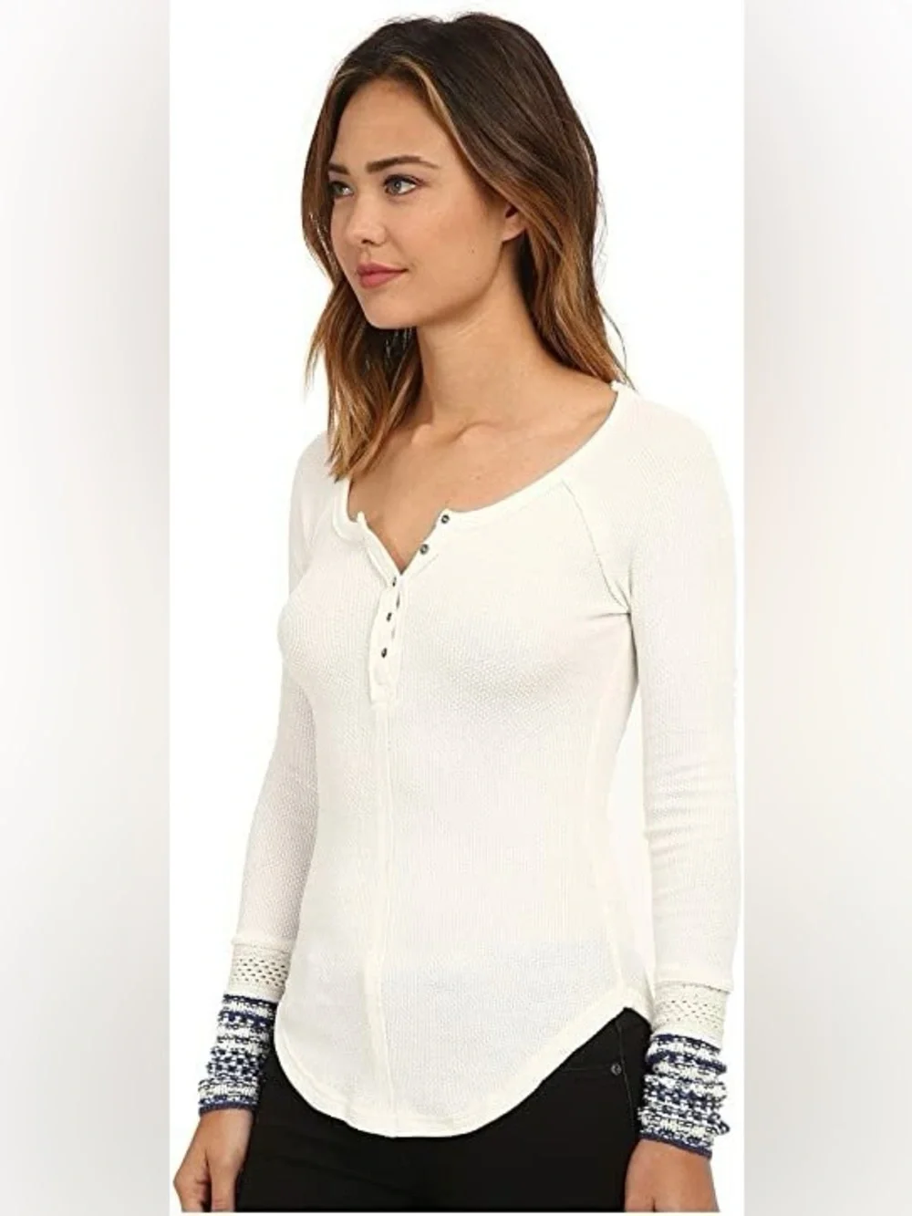 Free People Ivory Waffle Knit/Blue Cuff Henley